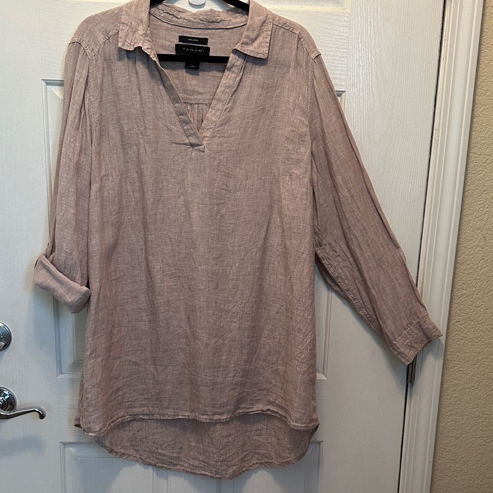 Tahari Natural Tan 100-% Linen V-Neck Boxy Oversized Tunic Roll Tab Sleeve 1X